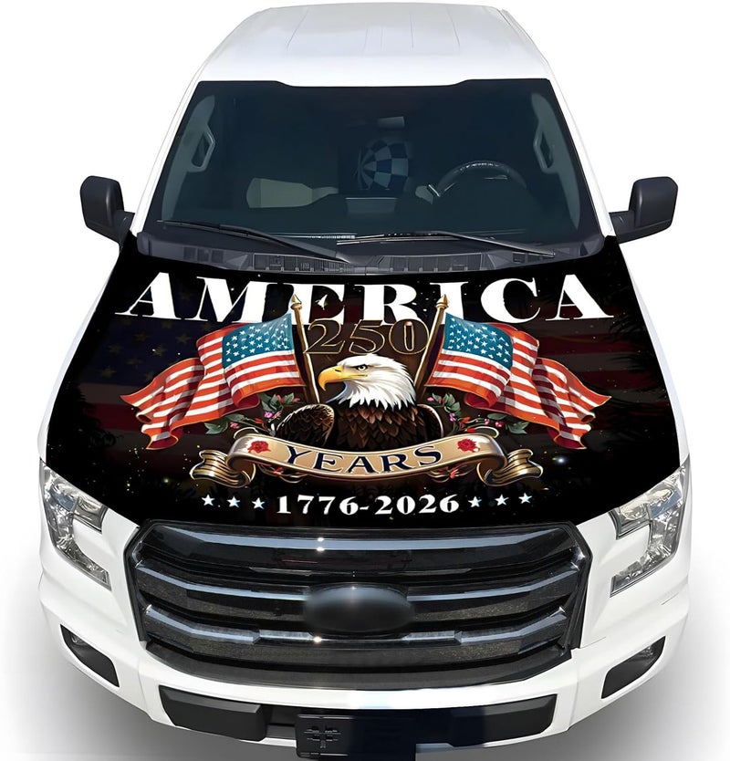 Tobethay American Car Hood Cover - 59x51 250 Years American Car Hood Cover Flag Bonnet Banner with 2 Adjustable Triangular Fasteners, Universal Fit for Trucks, SUV, 1776-2026, 250th Anniversary Flag - Image 1